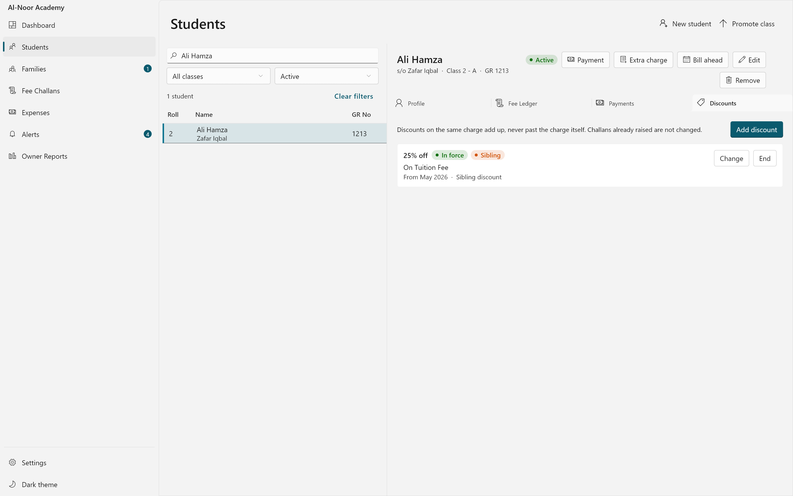 A student's Discounts tab in Campus OS, showing a 25% sibling discount on Tuition Fee, in force since May 2026, with buttons to change or end it.
