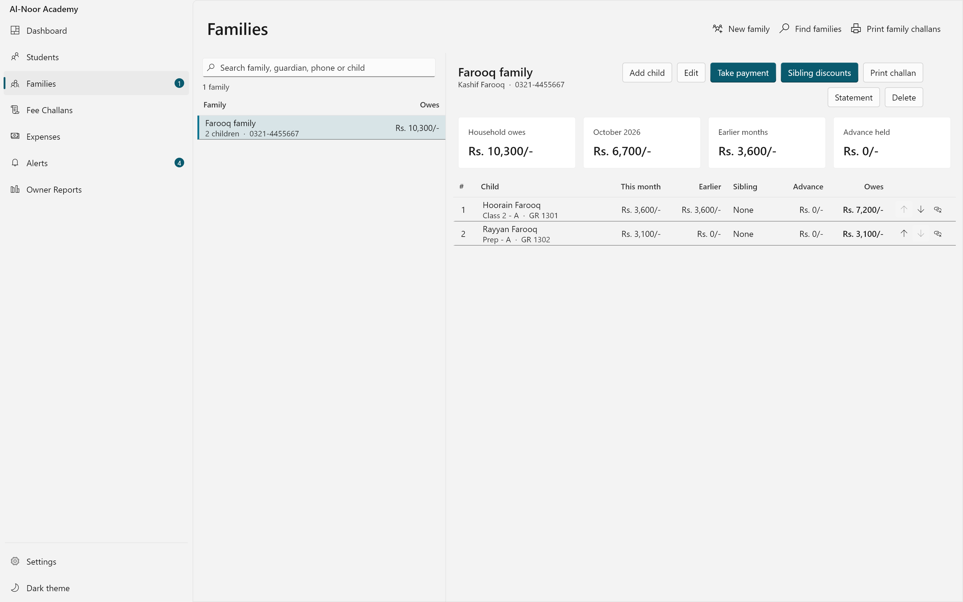 The Families screen in Campus OS: two children linked as one household, with what each owes this month, earlier and in total, and buttons to take one payment or print one challan for the family.